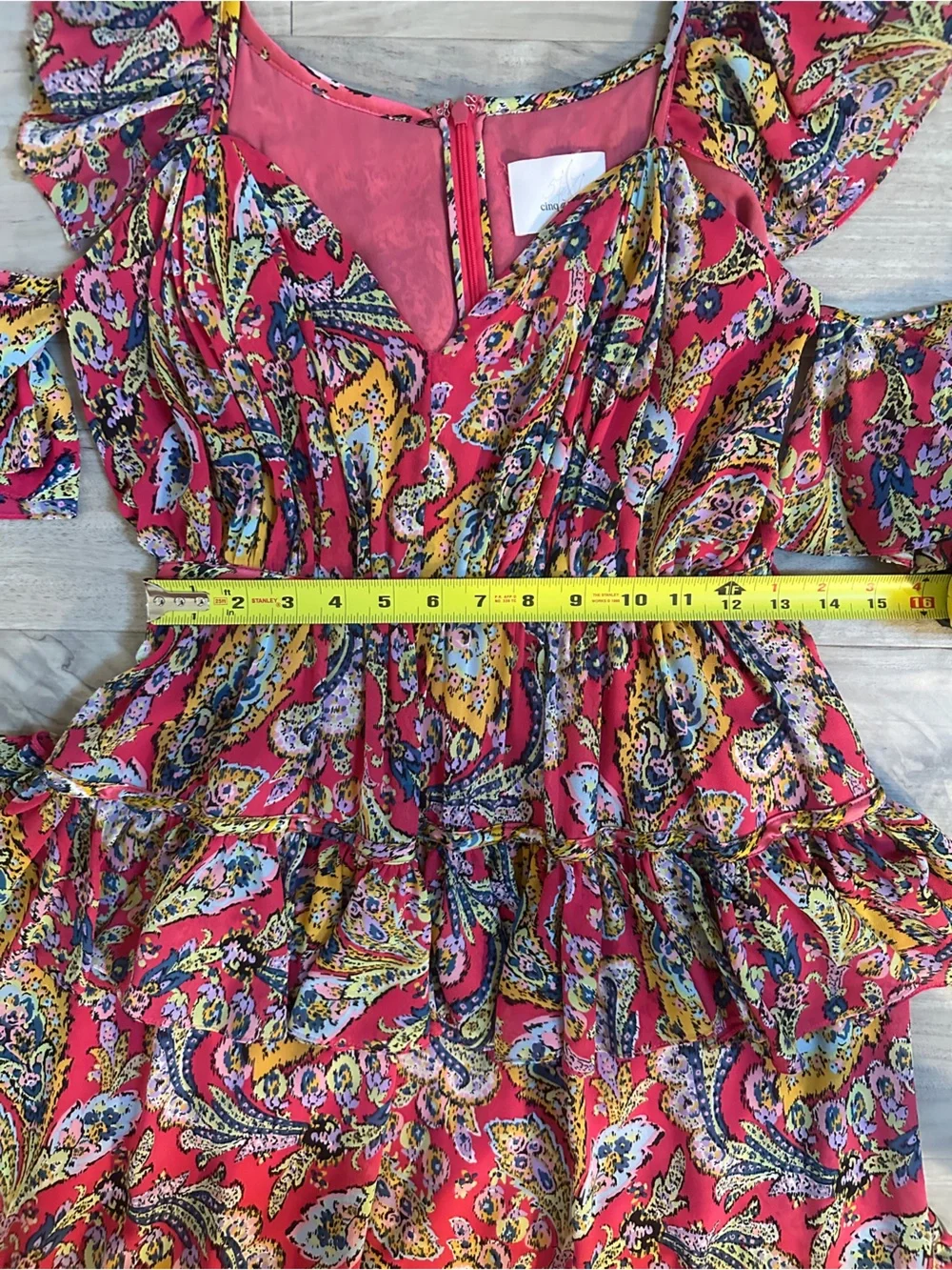 Cinq a Sept Collier Ruffle Cold Shoulder Chiffon Dress in Primrose Pink Paisley - Picture 9 of 11